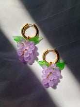 Load image into Gallery viewer, Grape earrings. Handmade with glass beads and gold plated stainless steel hoops.