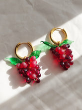 Load image into Gallery viewer, Fruit hoop earrings. Handmade with glass beads and gold plated stainless hoops.