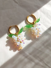 Load image into Gallery viewer, Grape Hoop earrings with iridiscent white pearly glass beads and gold plated stainless steel.