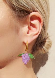 Grape earrings. Handmade with glass beads and gold plated stainless steel hoops.
