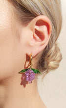 Load image into Gallery viewer, Grape earrings. Handmade with glass beads and gold plated stainless steel hoops.