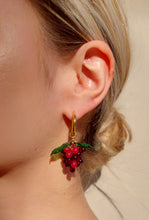 Load image into Gallery viewer, Grape hoop earrings. Handmade with glass beads and gold plated hoops.