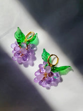 Load image into Gallery viewer, Lilac Berry earrings with gold huggie hoops.