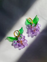 Load image into Gallery viewer, LIlac berry earrings with gold plated huggie hoops.