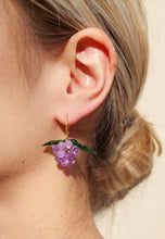 Load image into Gallery viewer, Lilac fruit earrings with glass beads and gold plated sterling silver hoops.