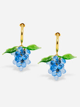 Load image into Gallery viewer, Handmade grape earrings with gold plated sterling silver hoops and  blue beads.