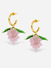 Load image into Gallery viewer, Grape earrings made of gold hoops and pink glass beads.