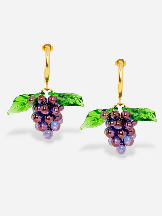 Handmade grape earrings with sterling silver hoops and purple beads.