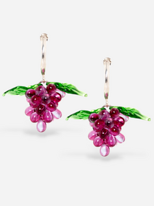 Grape earrings made of sterling silver hoops and glasss beads.