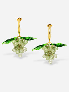 Handmade grape earrings with gold plated sterling silver hoops and green beads.