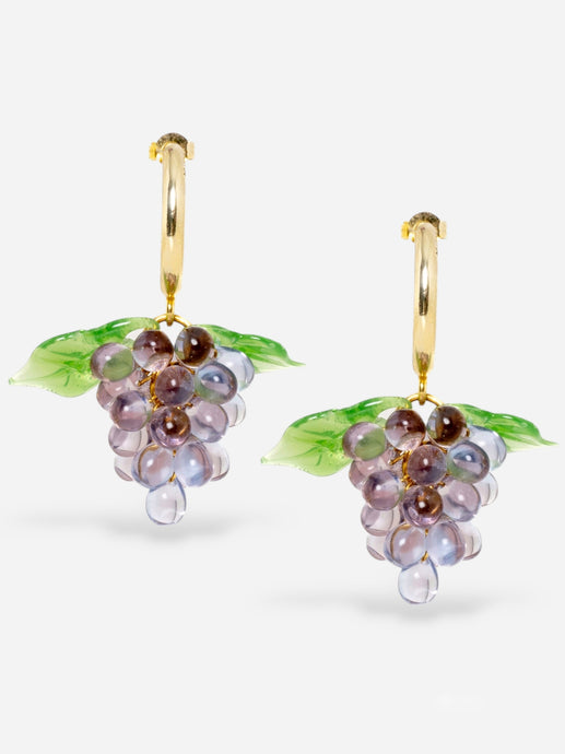 Handmade grape earrings with gold plated sterling silver hoops and grey and  purple beads.