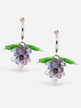 Load image into Gallery viewer, Handmade grape earrings with sterling silver hoops and grey and purple beads.