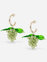 Load image into Gallery viewer, Grape earrings made of sterling silver hoops and light green glass beads.