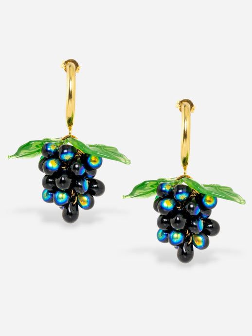 Black Grape earrings with handmade gold hoops and glass beads.