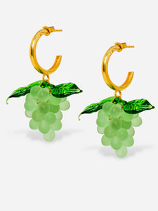  Handmade grape earrings with gold hoops and green beads