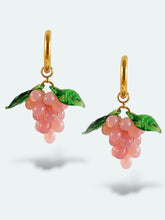 Load image into Gallery viewer, Handmade gold plated hoop earrings with grape charm. Made with glass drops in opal pink color.