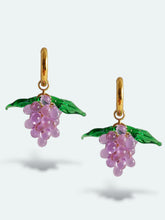 Load image into Gallery viewer, Handmade gold hoop earrings with grape charm made of lilac glass drops.