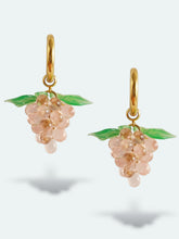 Load image into Gallery viewer, Handmade gold hoop earrings with grape charm made of pink glass drops.