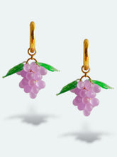 Load image into Gallery viewer, Grape earrings. Handmade with glass beads and gold plated stainless steel hoops.