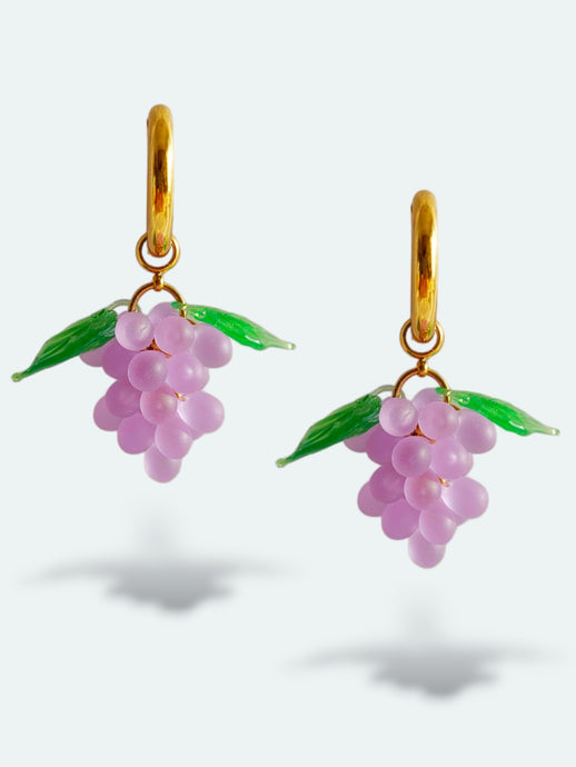 Grape earrings. Handmade with glass beads and gold plated stainless steel hoops.