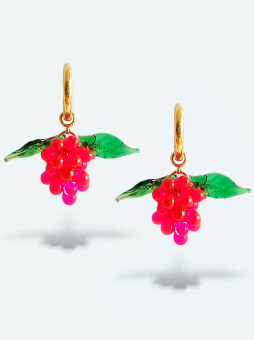 Pink grape earrings with gold hoops. Handmade with glass beads.