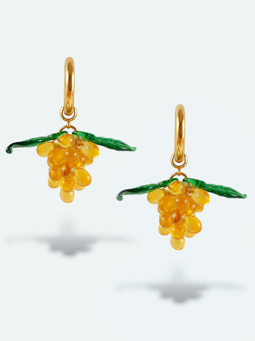 Handmade grape hoop earrings. Handcrafted with glass beads and gold plated stainless steel. 