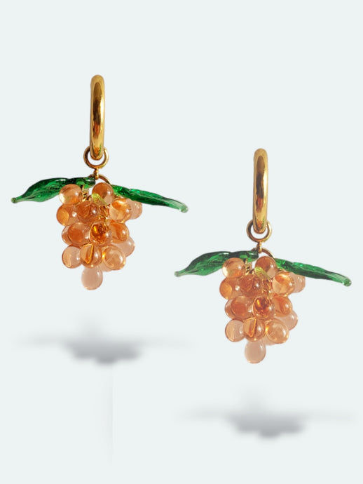 Gold Hoop Earrings with pink grape charm. Handmade with glass drops and leaves.