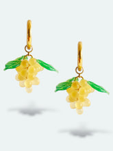 Load image into Gallery viewer, Gold Grape hoop earrings. Handmade with yellow glass beads.