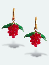 Load image into Gallery viewer, Grape Hoop Earrings made with red glass beads.