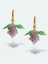 Load image into Gallery viewer, Grape hoop earrings. Handmade with glass drops and gold plated stainless steel.