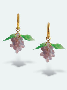 Grape hoop earrings. Handmade with glass drops and gold plated stainless steel.