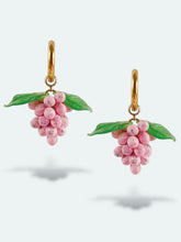 Load image into Gallery viewer, Grape hoop earrings. Handmade with pink glass drop beads.
