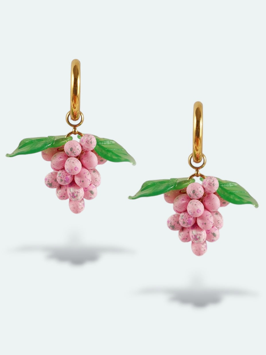 Grape hoop earrings. Handmade with pink glass drop beads.