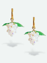 Load image into Gallery viewer, Grape Hoop earrings with iridiscent white pearly glass beads and gold plated stainless steel.