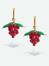 Load image into Gallery viewer, Grape hoop earrings handmade with red glass beads and murano leaf beads.