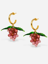 Load image into Gallery viewer, Grape earrings made of gold plated sterling silver hoops and glasss beads.