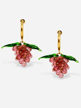 Load image into Gallery viewer, Handmade grape earrings with gold plated sterling silver hoops and dark pink beads.