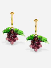 Load image into Gallery viewer, Handmade grape earrings with gold plated sterling silver hoops and plum beads.