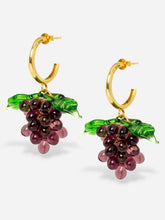 Load image into Gallery viewer, Handmade grape earrings with gold plated sterling silver hoops and plum beads.