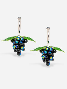 Handmade grape earrings with sterling silver hoops and black beads.