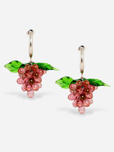 Load image into Gallery viewer,  Handmade grape earrings with sterling silver hoops and dark pink beads.