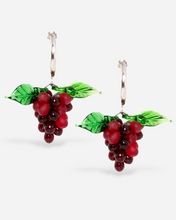 Load image into Gallery viewer, Handmade grape earrings with sterling silver hoops and dark red beads.