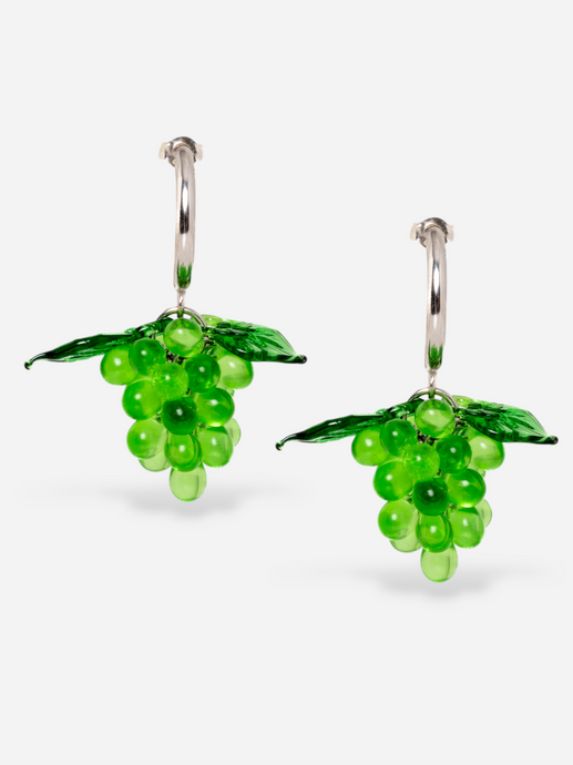  Handmade grape earrings with sterling silver hoops and green beads.