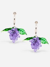 Load image into Gallery viewer, Handmade grape earrings with sterling silver hoops and lilac beads.