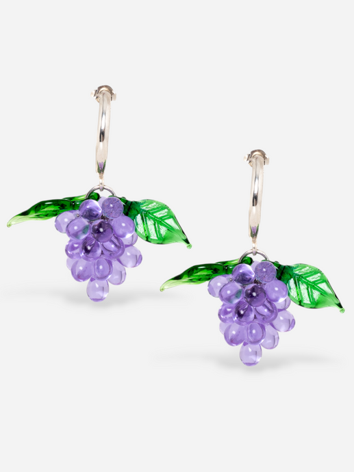 Handmade grape earrings with sterling silver hoops and lilac beads.