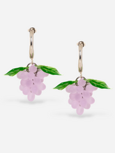 Load image into Gallery viewer, Handmade grape earrings with sterling silver hoops and purple beads.