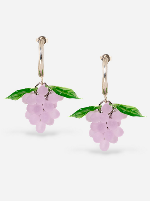 Handmade grape earrings with sterling silver hoops and purple beads.