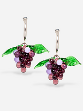 Load image into Gallery viewer, Handmade grape earrings with sterling silver hoops and purple beads.