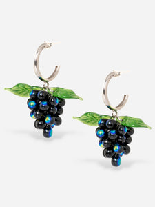 Grape earrings made of sterling silver hoops and glasss beads.