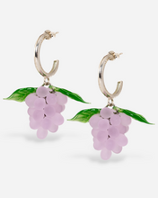 Load image into Gallery viewer, Handmade grape earrings with sterling silver hoops and pink beads.